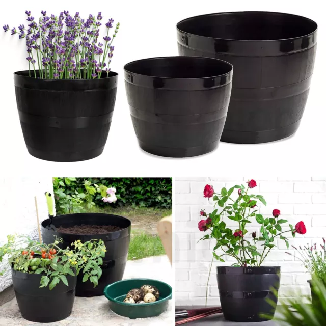 Black Barrel Planter Round Plastic Tub Garden patio Flower Planter Plant Pot
