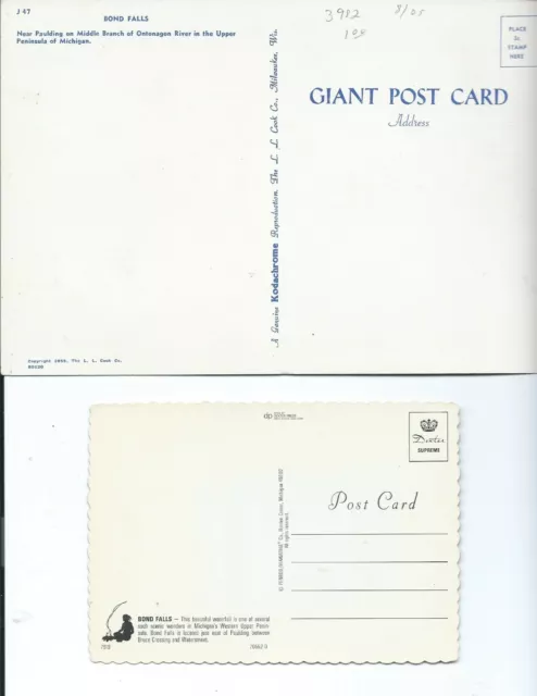 1955 vintage GIANT Postcard BOND FALLS Upper Peninsula MICHIGAN & 1970's card UP 2