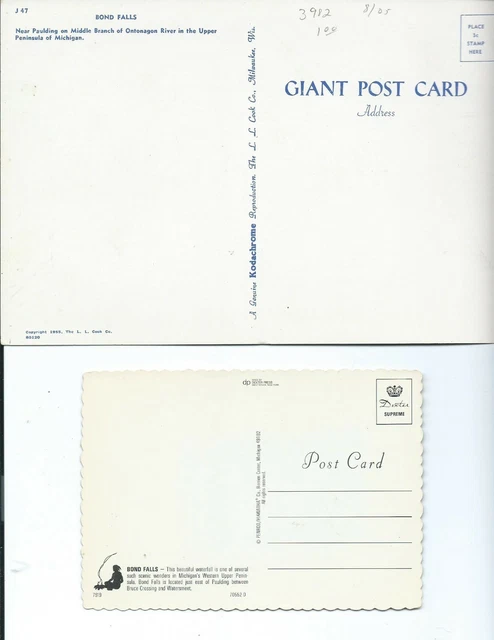 1955 vintage GIANT Postcard BOND FALLS Upper Peninsula MICHIGAN & 1970's card UP 2