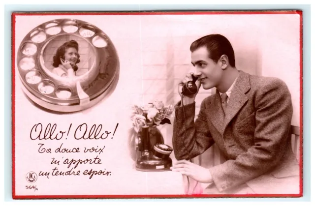 Early Romantic Pink French Phone Call RPPC J.C Paris Postcard