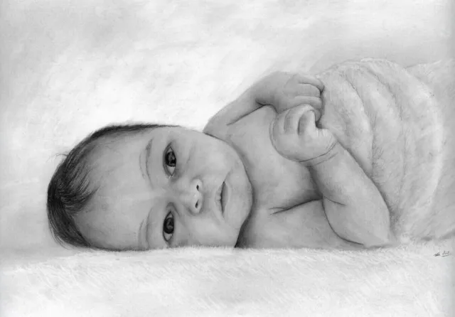 Retratos de bebés realistas dibujando con lápices de carbón y grafito