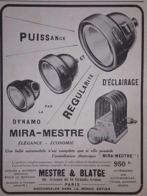 Publicité Mestre & Blatge Dynamo Mira-Mestre Puissance Régularité D'éclairage