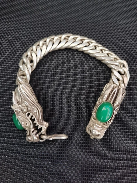 QS08 Old Chinese tibet silver Inlay green jade Handcarved dragon head Bracelet