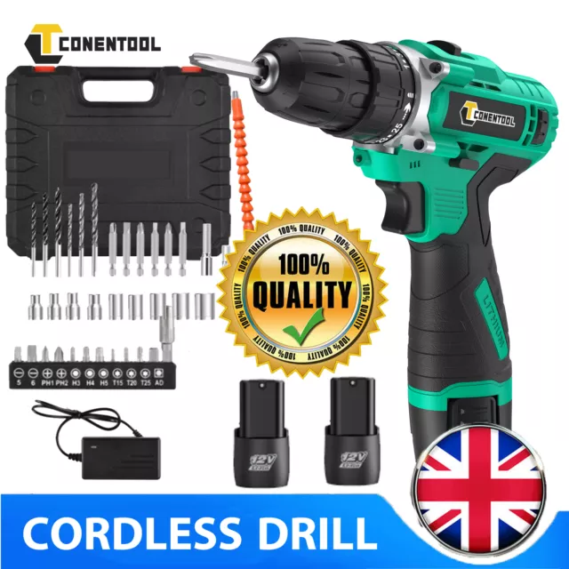 12V Cordless Drill Electric Screwdriver Power Driver Combi Drills Kit +2*Battery
