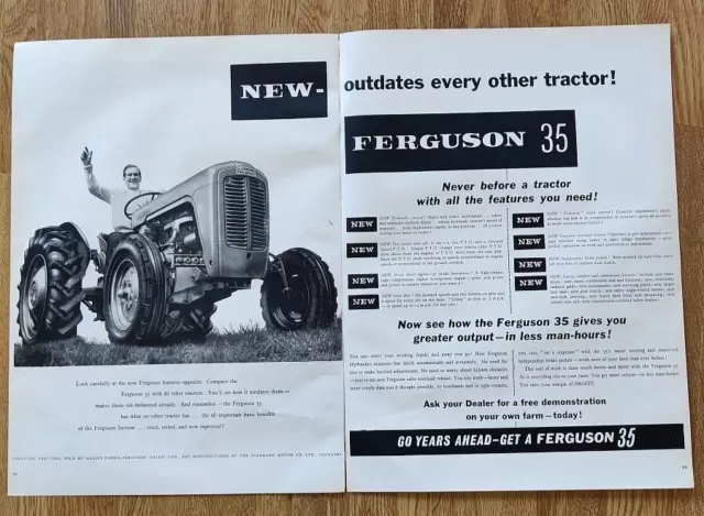 New Ferguson 35 outdates evey other tractor! Print Ad orig 1956 two-sided large