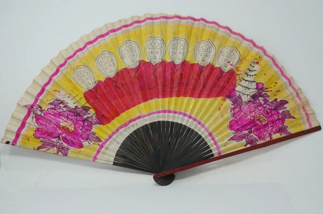 Antiker Sensui Wand-Fächer mit Farbholzschnitt aus Bambus & Papier 1013C3