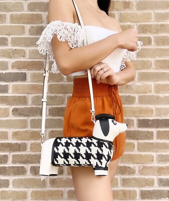 Kate Spade Claude Dachshund Houndstooth Dog Crossbody Novelty Black White Multi