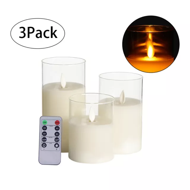 3 Pack Glass Candles Wax LED Set With Remote Control Timer Flameless Flickering