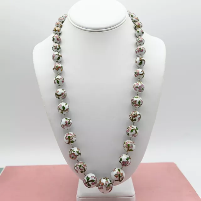 Chinese Export Graduated White Pink Flower Porcelain Bead 26" Knotted Necklace 2