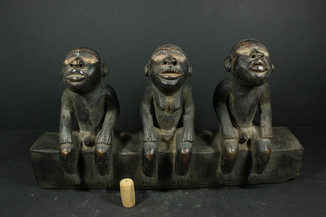 African Ancestor 3 Figures Bench Statue - BACONGO,  D.R.Congo  TRIBAL ART CRAFTS