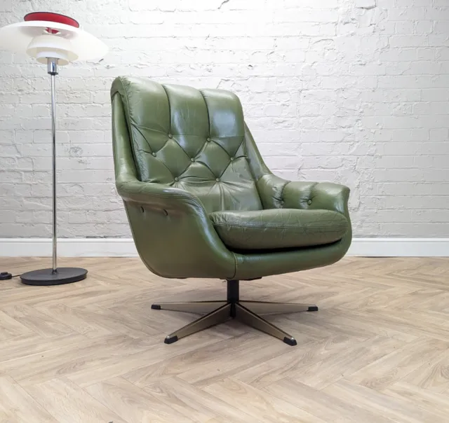 Mid-Century Vintage Retro Danish Green Leather Swivel Lounge Armchair 1970s