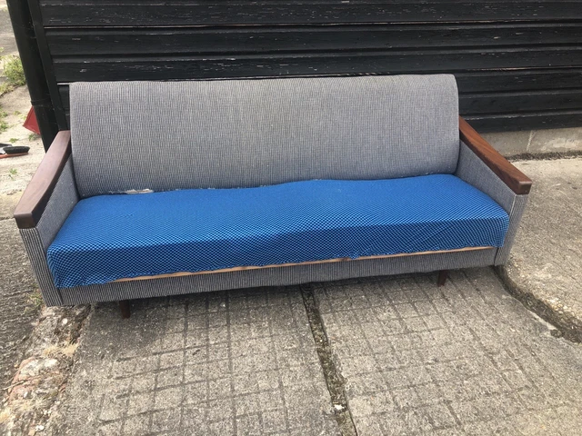 Vintage retro mid century Danish sofa bed wood blue wool teak Rosewood 3 Seater