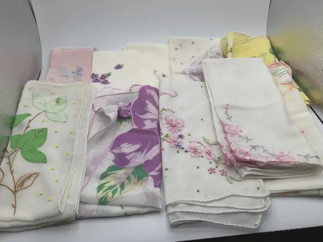 Vintage Handkerchiefs Lot 0f 10 Hankie Pink Yellow Flowers Embroidered Appliqué