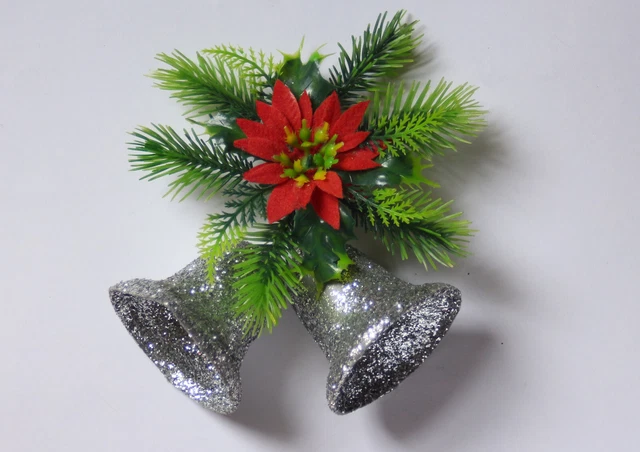 Vintage Christmas Glitter Bells Hanging Decoration Plastic Poinsettia 1960s