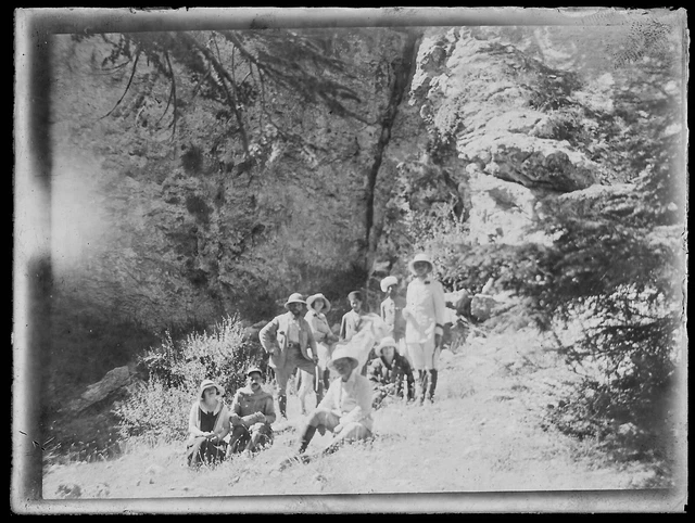 Antique Black & White Negative 9x12cm Mountain Family Photo Glass Plate