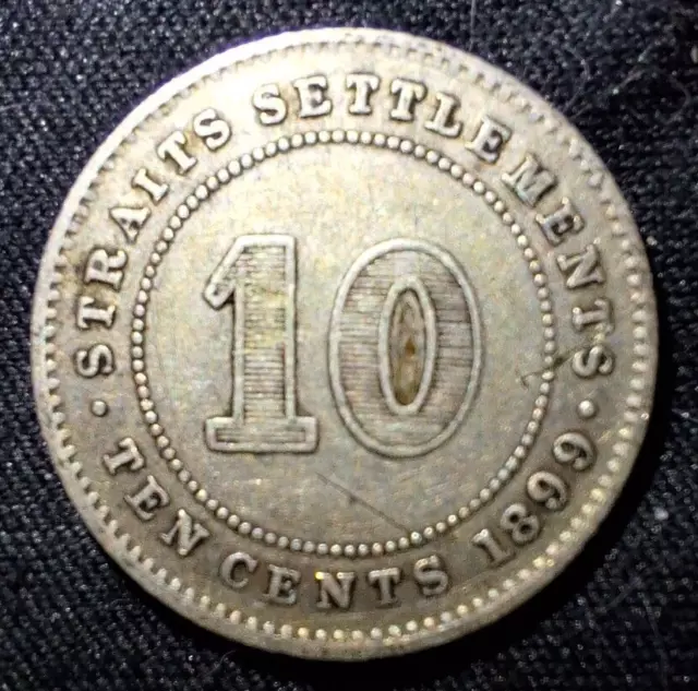 British Malaysia 10 Cents 1899 "Straits Settlements" Queen Victoria Silver 80%