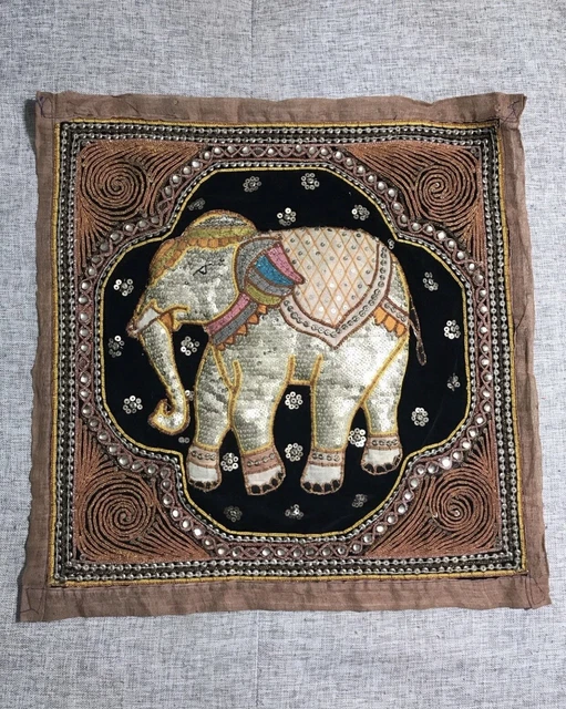 antique hand embroidered Kalaga Burmese glass beaded needlepoint tapestry