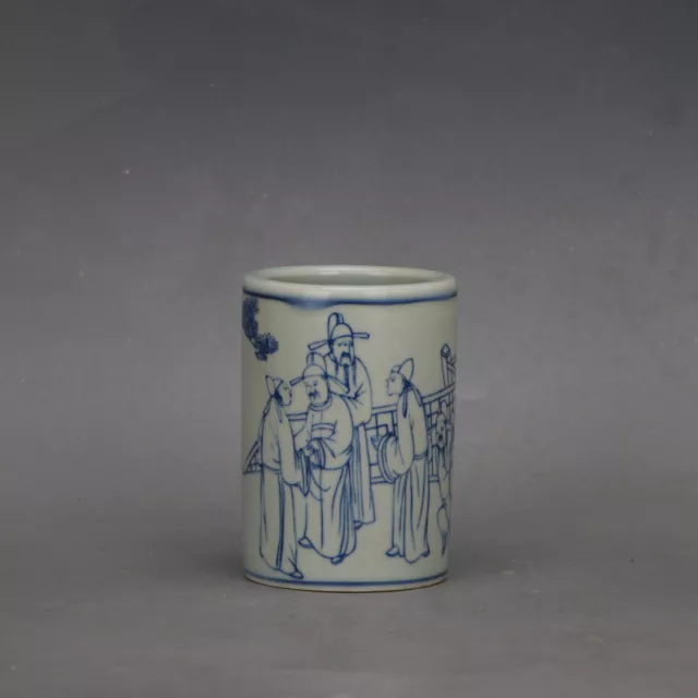 4.3" Collection Chinese Ming Blue-and-white Porcelain Figure Stories Brush Pot