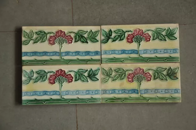 4 Pc Vintage Fine Colorful Flower Design Ceramic Tiles , Japan