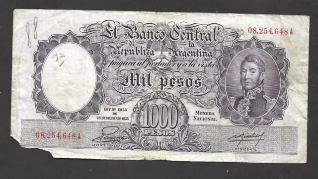 1000 Pesos Vg   Banknote From Argentina 1952-55  Pick-269