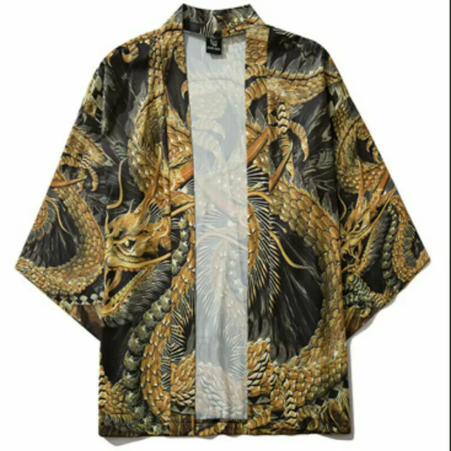 Retro Men Kimono Jacket Japanese Coat Haori Outwear Cardigan Dragon Phoenix Tops