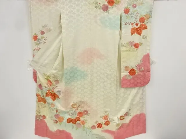 82388# Japanese Kimono / Antique Furisode / Embroidery / Paulownia & Kiku