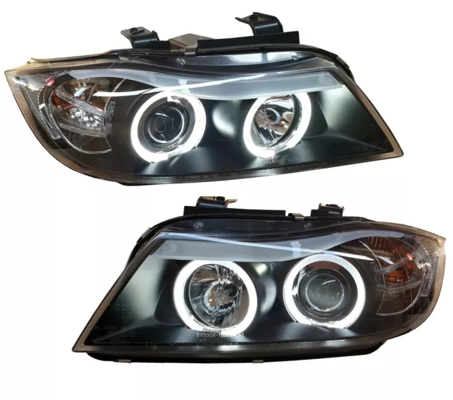 LED ANGEL EYES SCHEINWERFER für BMW 3er E90 E91 05-08 SCHWARZ LIMOUSINE TOURING