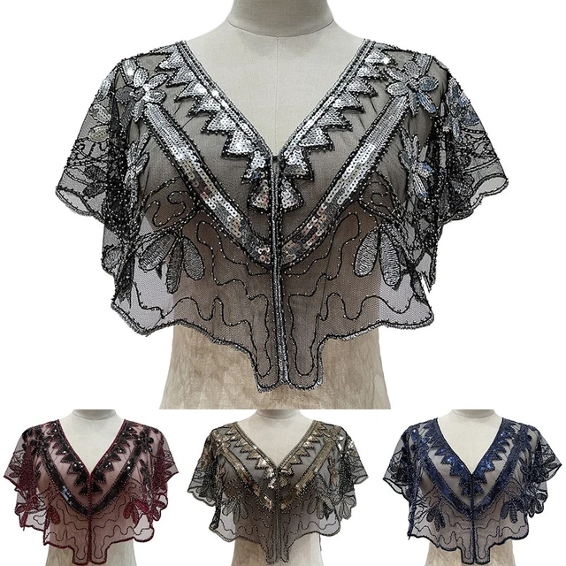Retro Sequin Flapper Cape Elegant Shawl for Vintage Inspired Events (Navy)