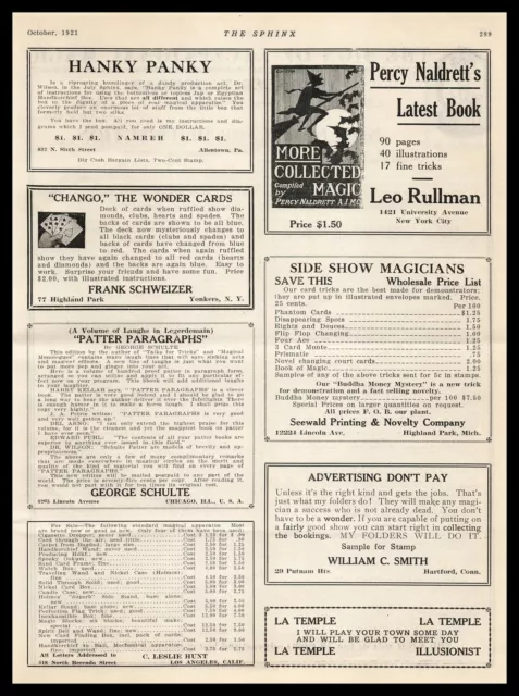 1921 Frank Schweizer Yonkers New York "Chango" The Wonder Cards Magic Print Ad