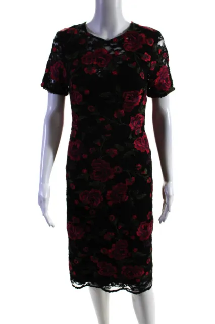 Trina Turk Womens Short Sleeve Crew Neck Floral Lace Dress Black Red Size 4