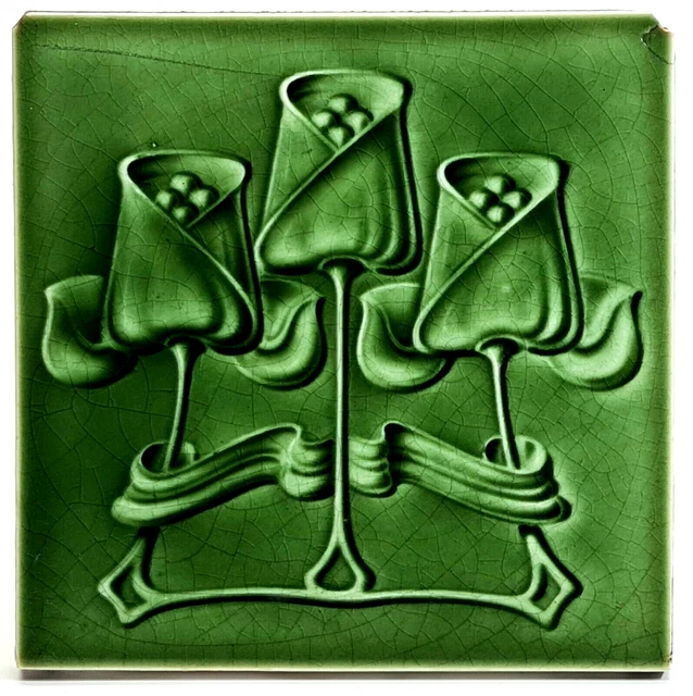 Antique Fireplace Tile Green Triple Tulips by T & R Boote Ltd C1906