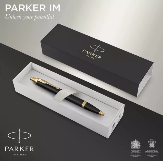Parker IM Ballpoint Pen Black Lacquer With Gold Trim Medium Point Blue Ink Box