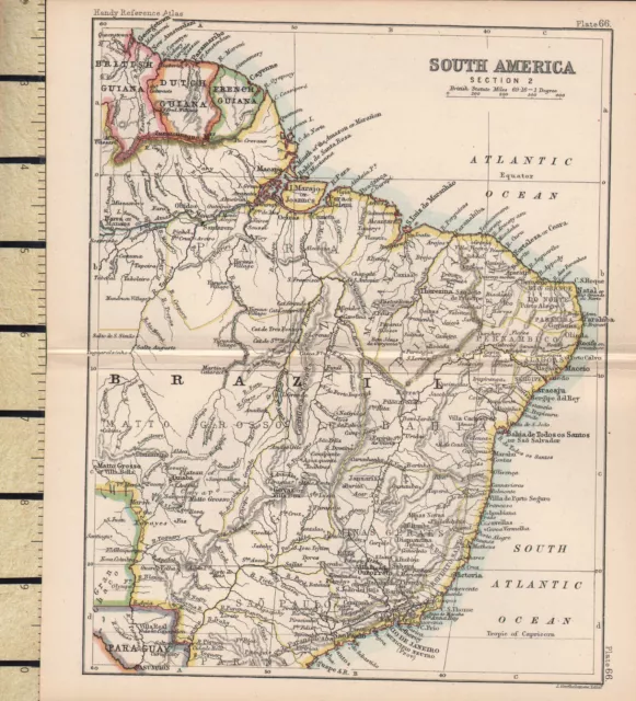 c1880 VICTORIAN MAP ~ SOUTH AMERICA EAST ~ BRAZIL ~ GUIANA