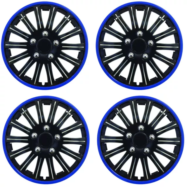 SET OF 4 x 15 INCH BLUE AND BLACK SPORTS WHEEL TRIMS COVER HUB CAPS 15"