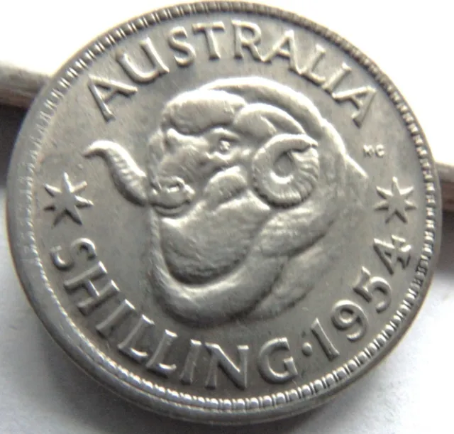 1954 AUSTRALIA Elizabeth II, Silver One Shilling, About UNCIRCULATED.#1.4