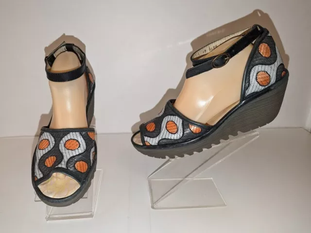 FLY London Gray/ Orange Polka Dot Wedge Ankle Strap Open Toe Sandals 41/ 10-10.5