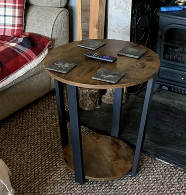 Rustic Vintage Circular End Table with Storage Shelves Wooden Top Metal Legs 3