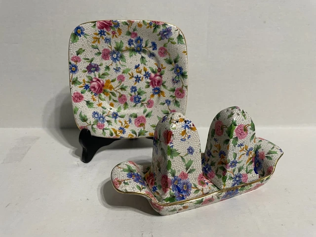 Royal Winton Old Cottage Chintz Salt Pepper W/Tray Set Plus Extra Underplate