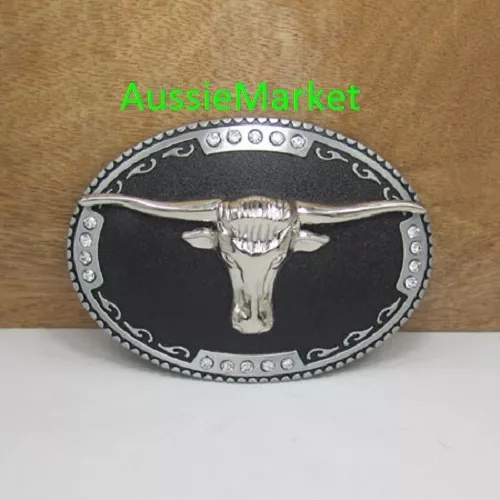 1 x mens belt buckle quality metal jeans silver longhorn rhinestone beads gems