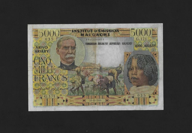 Madagascar 5000 Francs = 1000 Ariary 1955 Nd 1961 P-55 Vf- Ultra Rare Comoros