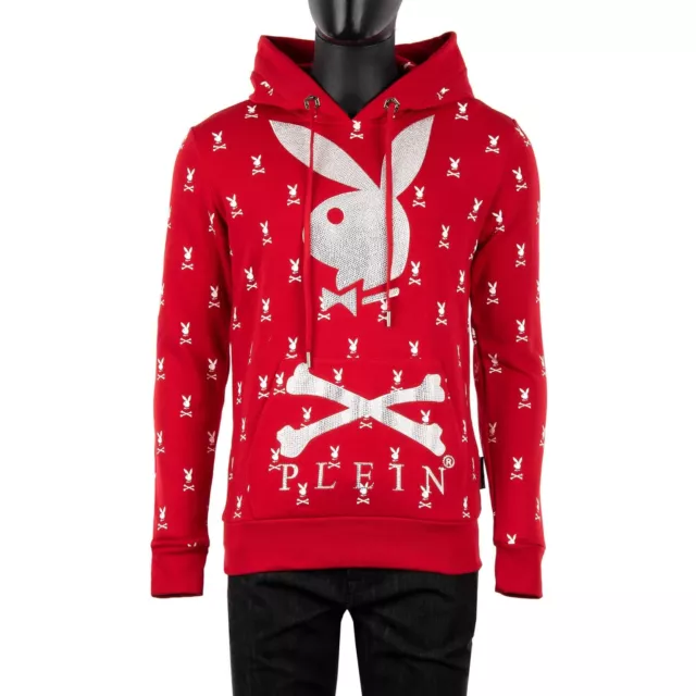 PHILIPP PLEIN x PLAYBOY Bunny Hoodie Sweater mit Kristallen Logo Rot Weiß 08369