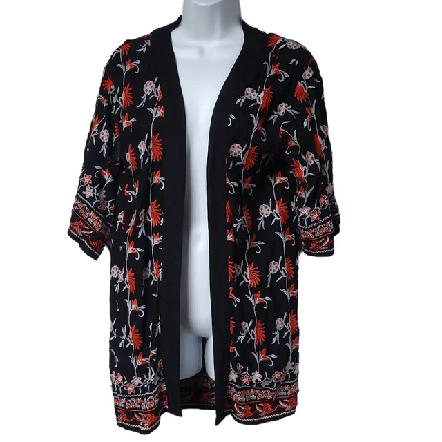 RD + koko Anthropologie kimono bohemian  Black Floral Embroidered 3/4 sleeve S