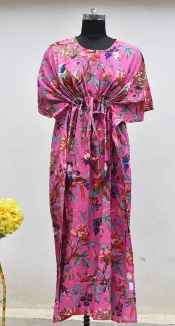 Pink Birds Printed Handmade Long Kaftan Indian Cotton Maternity Night Gown Dress