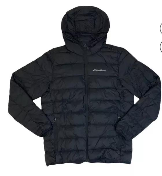 Eddie Bauer Mens Microlight Packable Down Fill Jacket  Black Medium W/Hood NEW