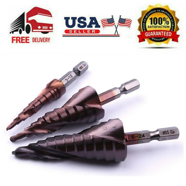 3-24mmHSS Co Cobalt Spiral Flute Grooved Step Drill Bits Cut Tool 1/4" Hex shank