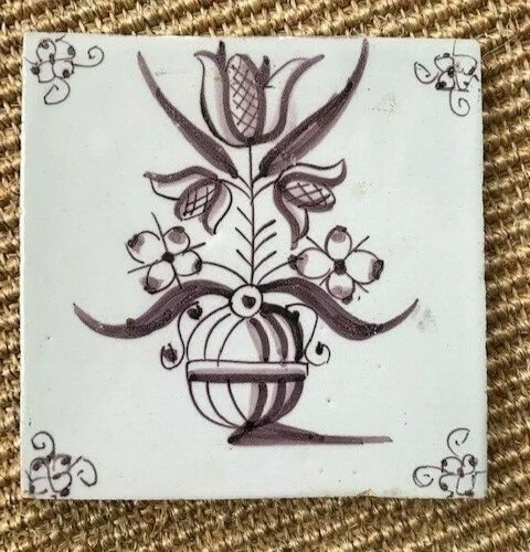 Antique 18C Dutch Delft Manganese Tile Featuring A Vase Of Flowers