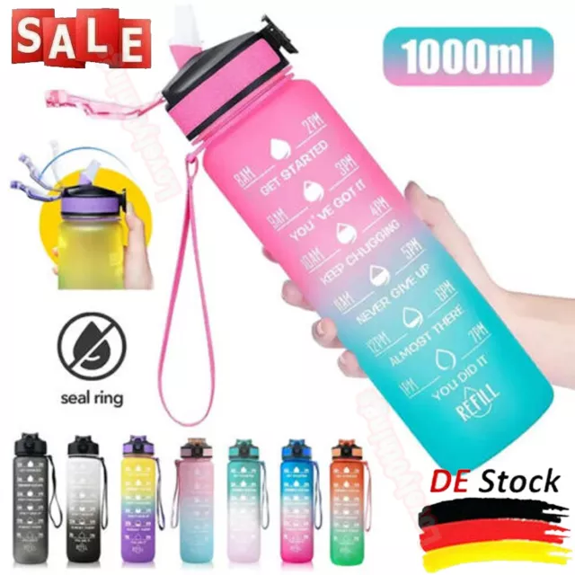 1L Sport Wasserflasche Gym Travel Trinkflasche mit Strohhalm BPA frei Tasse❤DHL