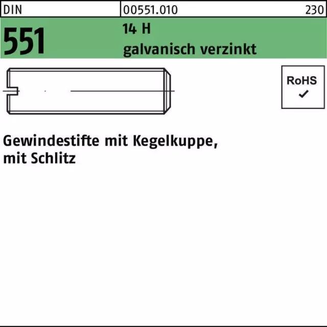 Gewindestift DIN 551 m.Kegelkuppe/Schlitz M 6 x 6 14 H galvanisch verzinkt