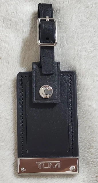 New Tumi Black Leather Luggage Name Tag with Stainless Steel Logo Plaque
