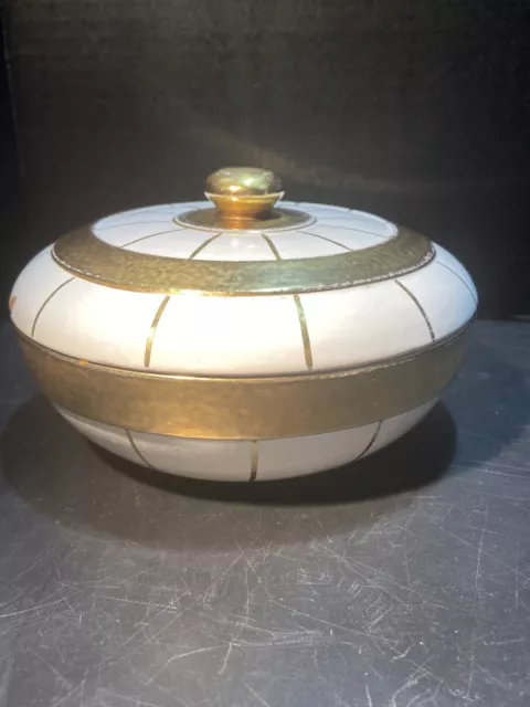 Vintage Ugo Zaccagnini Dish Italy Art Pottery Covered Bowl White Gilt Gold Rare